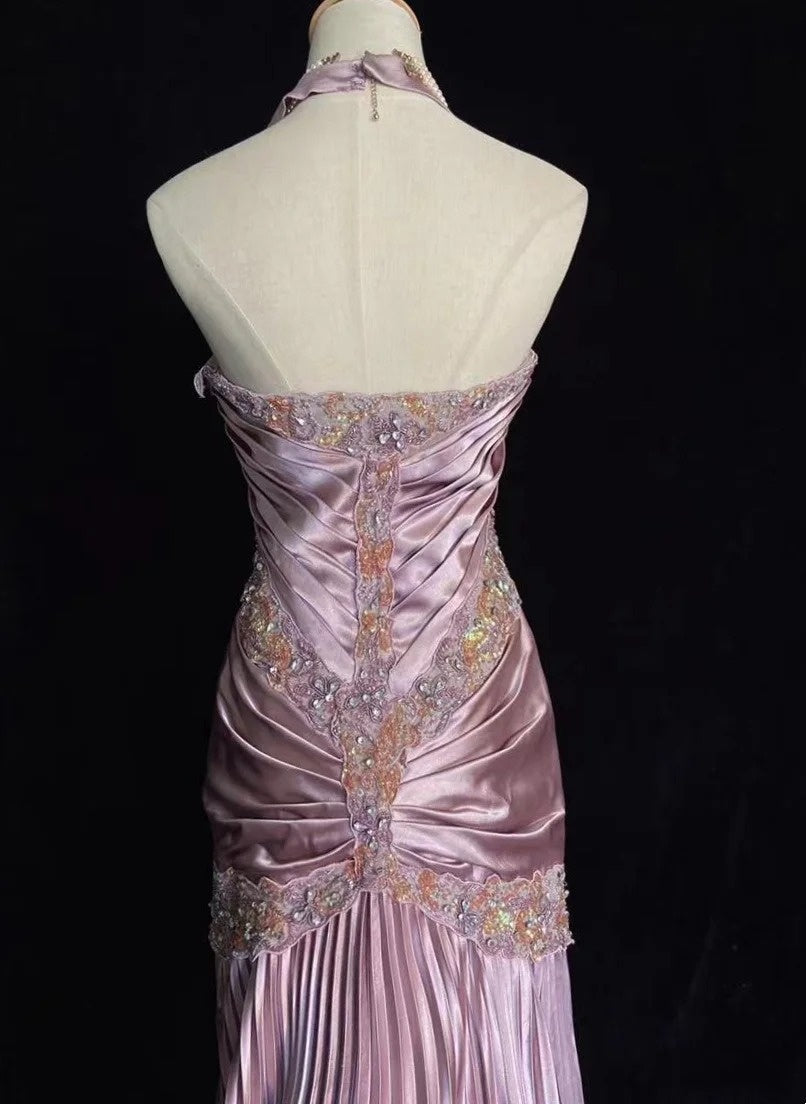 Vintage Prom Dresses 80s Mermaid Halter Pink Satin With Ruffled Long Evening Outfits N3452