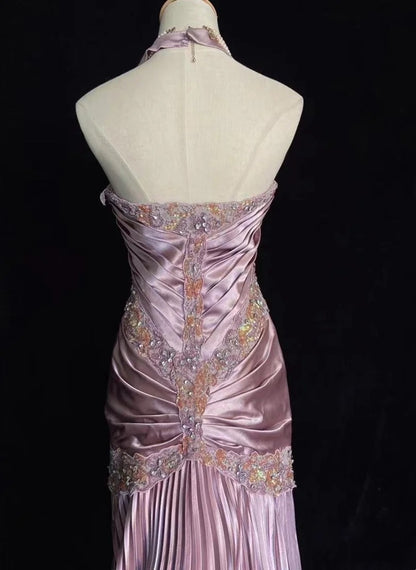 Vintage Prom Dresses 80s Mermaid Halter Pink Satin With Ruffled Long Evening Outfits N3452