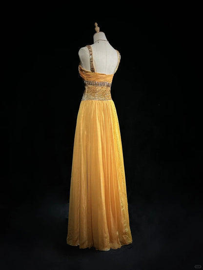 Vintage Prom Dresses A Line Square Neck Yellow Pleated 70s With Beads Formal Gown N2535
