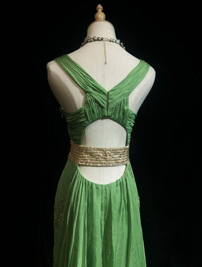 Vintage Prom Dresses Mermaid V Neck Chiffon Green With Beaded Appliqued 80s Long Formal Gown N2732