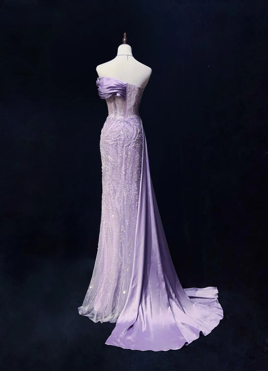 Vintage Prom Dresses Inspo Mermaid Strapless Lilac Sequined With Slit Beads 80s Long Formal Gown N2742