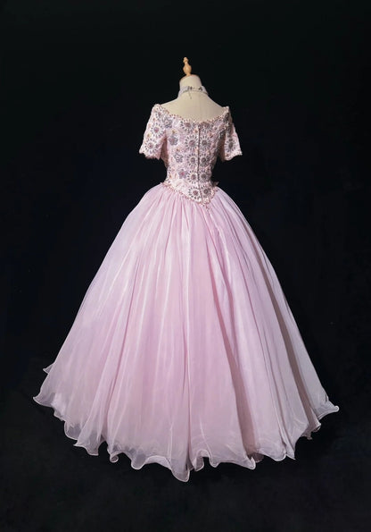 Princess Prom Dresses Ball Gown Scoop Pink Tulle Half Sleeves Evening Long Quince Dress N3285