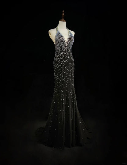 Vintage Mermaid 2000s Black Halter Formal Dress Long Backless Prom Dresses N2572