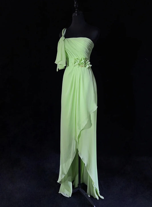Beautiful Prom Dresses A line One Shoulder Chiffon Green With Ruffled Long Evening Outfits N3383