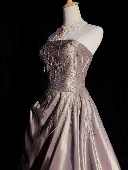 Vintage Prom Dresses Ball Gown Strapless Blush Pink Satin 80s With Beading Long Formal Evening Outfits N3870
