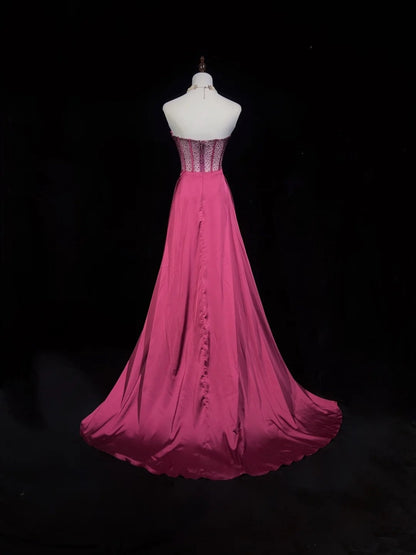 Vintage Prom Dresses A line Sweetheart Hot Pink Satin 70s With Beads Long Formal Gown N2530