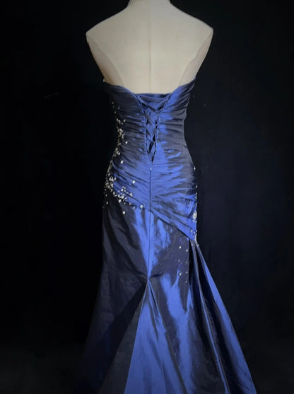 Vintage Prom Dresses 90s Mermaid Sweetheart Navy Blue Satin Long With Beading Evening Outfits N3135