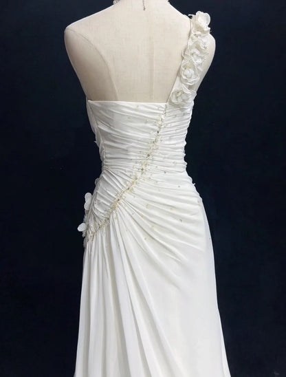 Unique Wedding Dresses Mermaid One Shoulder White Chiffon With Beading Summer Garden Long Bridal Gown N3679