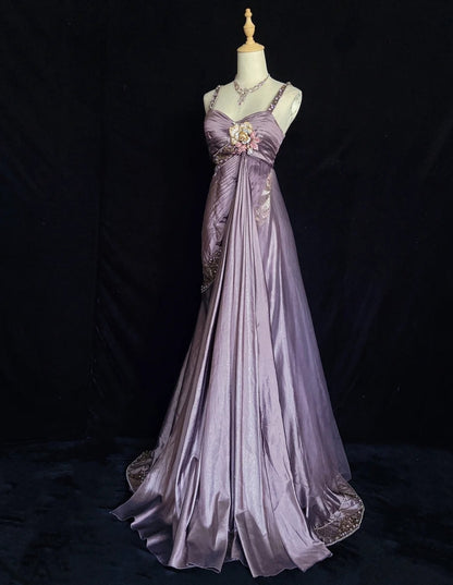 Vintage Prom Dresses Inspo Mermaid Spaghetti Strap Grape Satin 90s With Beaded Formal Gowns N3350