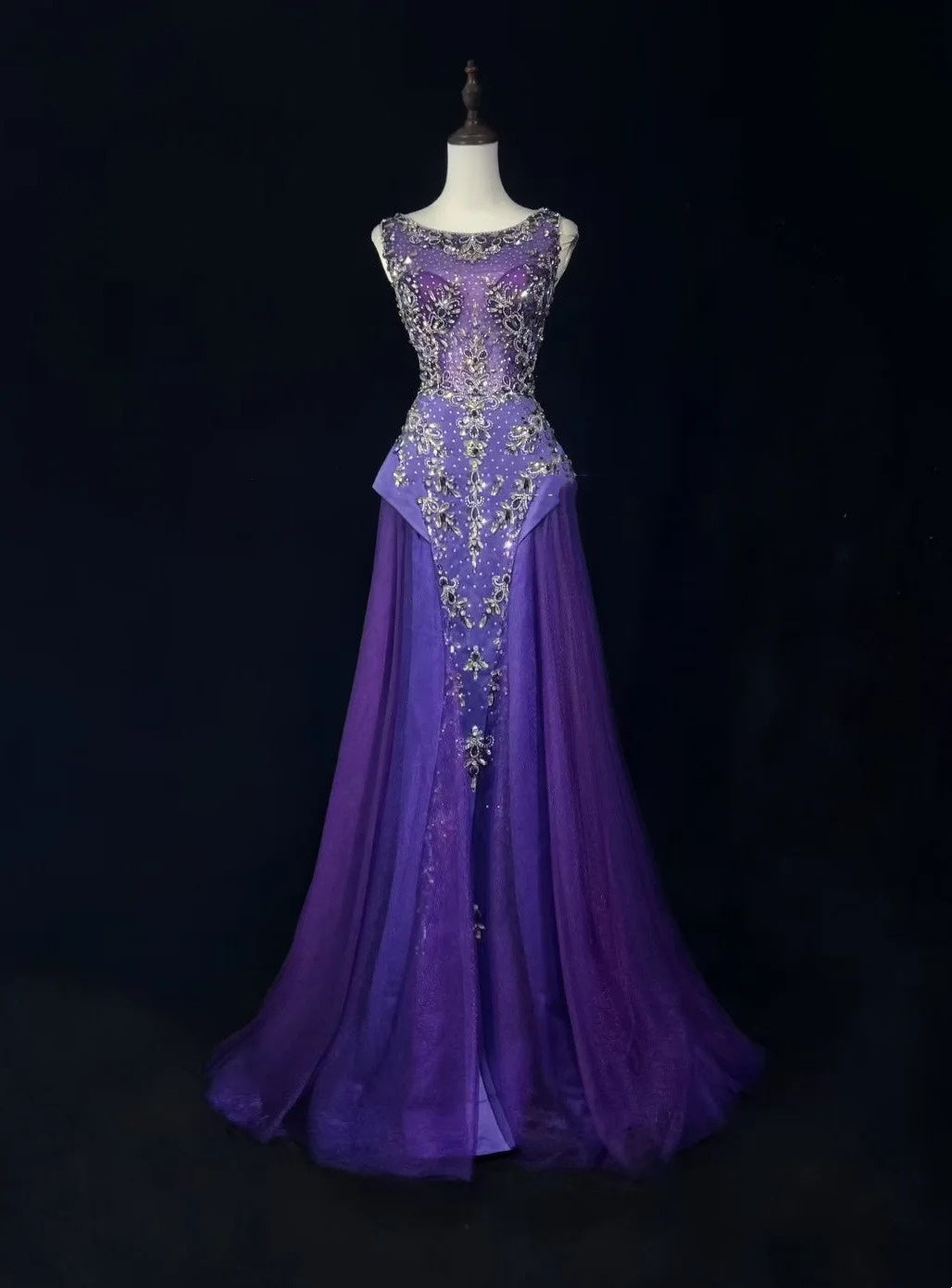 Vintage Mermaid Boat Neck Purple With Beading Tulle Floor Length Prom Dresses Inspo Evening Outfits RB4343