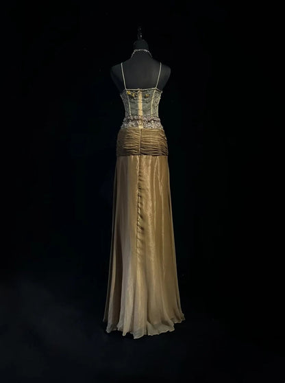 Ombre Gold Prom Dress Inspo A line Spaghetti Straps 18th Birthday Outfits Formal Party Gown RC0110
