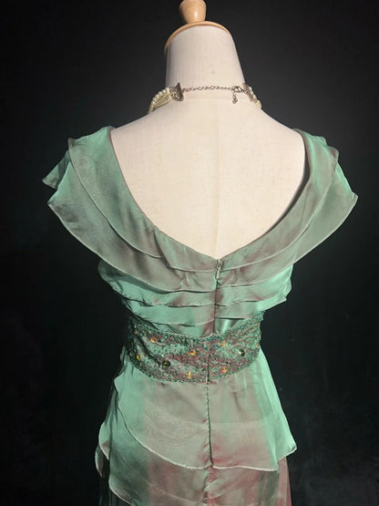 Classy Prom Dresses A line V Neck Green Tiered Layers Chiffon With Ruffle Long Formal Dress N2897