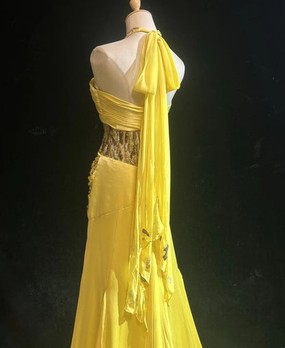 Vintage Prom Dresses A Line Halter Yellow 70s With Beading Chiffon Long Formal Party Dress N2526