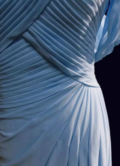 Vintage Prom Dresses Mermaid Off The Shoulder Light Blue 70s With Ruffles Chiffon Long Formal Party Dress N2517