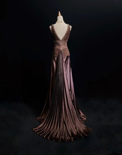 Vintage Prom Dresses Mermaid Chocolate Chiffon V Neck With Beading Long Formal Dress N2453