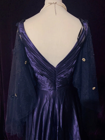 Vintage Prom Dresses Inspo A Line Empire V Neck Navy Blue Satin 90s With Sleeves Formal Gowns N3314