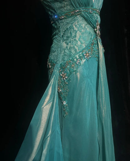 Elegant A Line Spaghetti Strap Blue Chiffon With Beaded Bodice Formal Dress Long Prom Dresses N2724