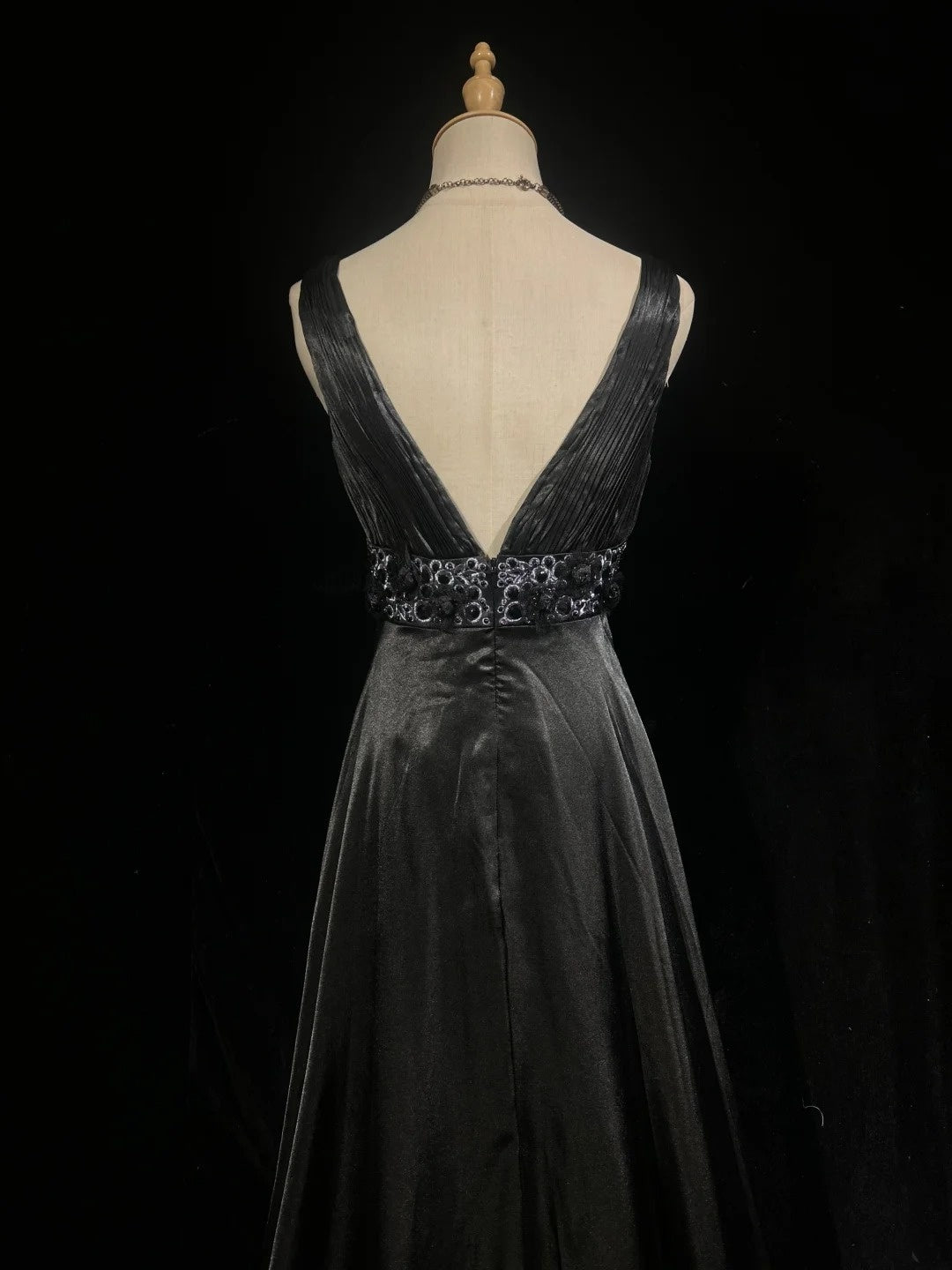 Vintage Prom Dresses A line Empire Black Satin With Beading 1980s Long Formal Gown N2624