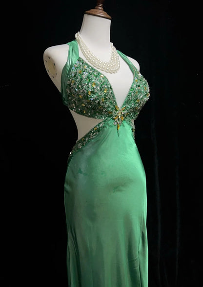 Vintage Prom Dresses Mermaid Halter Backless Green Beaded 90s Long Formal Evening Gown N2648