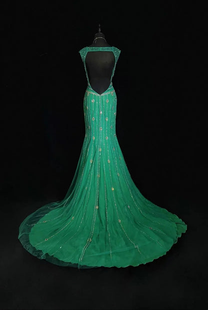 Vintage Mermaid V Neck Green Backless Open Backs Evening Long Prom Dresses Formal Outfits RB3941