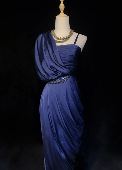 Vintage Prom Dresses Sheath Navy Blue Satin 1990s Long Formal Evening Gown N2663