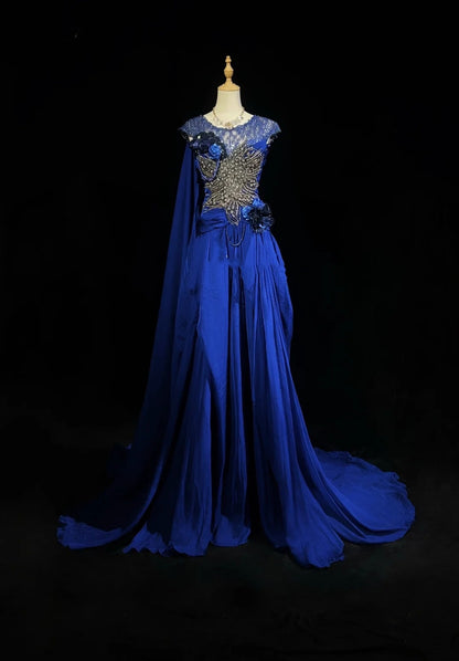 Classy Prom Dresses A Line Scoop Royal blue Chiffon Lace With Beading Long Formal Gown N2916