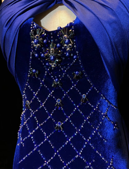 Vintage Prom Dresses Mermaid Royal Blue Velvet Sleeveless With Beading 90s Long Formal Gown N2902