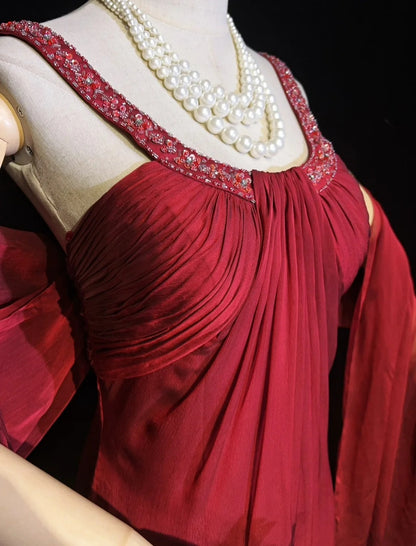 Elegant Prom Dresses A line Jewel Neck Burgundy Chiffon With Cape Beaded Sleeveless Long Formal Gown N2885