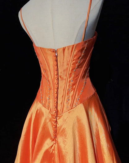 Timeless Prom Dresses Ball Gown Spaghetti Strap Orange Taffeta With Beading Cape Evening Outfits N3239