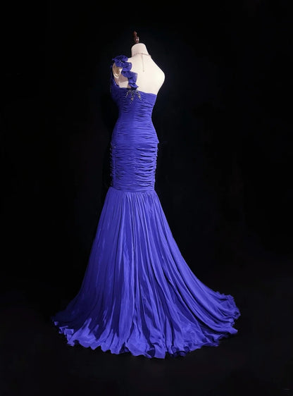Vintage Prom Dresses Mermaid One Shoulder Royal Blue Chiffon With Beading 3D Flowers Long Formal Dress N2458