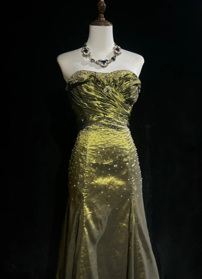 Vintage 90s Prom Dresses Mermaid Sweetheart Olive Green Taffeta With Beads Long Prom Gown N3026