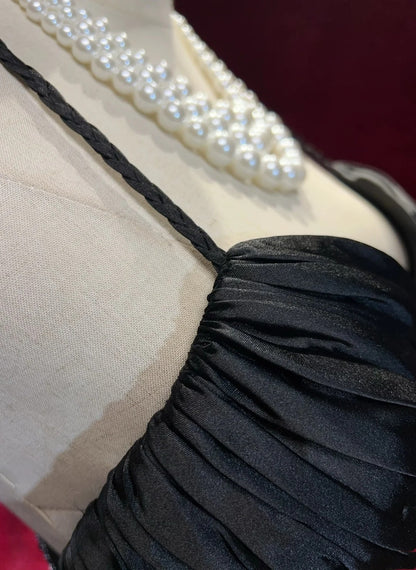 Vintage Prom Dresses Mermaid Spaghetti Strap Black Tie Dress Sleeveless Taffeta 90s Long Formal Gown N2882