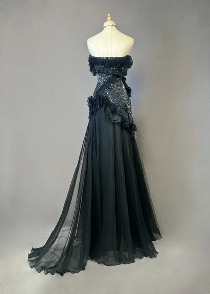 Vintage Prom Dresses Mermaid Sweetheart Black Tie Dress Chiffon With Beading 1980s Long Formal Gown N2621