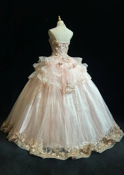 Sweet Ball Gown Spaghetti Strap Tulle With Flowers Sweet 16 Dresses Quinceanera Dress Long 15 Vestidos De Fiesta N4219