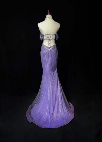 Glitter Prom Dresses Mermaid Sweetheart Lilac Tulle With Beading Backless Long Formal Evening Dress N3888