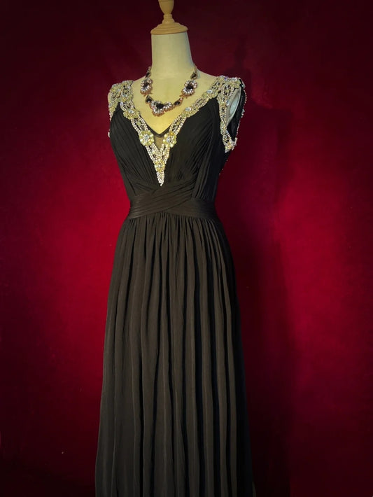 Vintage Prom Dresses 80s A line V Neckline Black Tie Dress Backless Chiffon Evening Outfits N3473