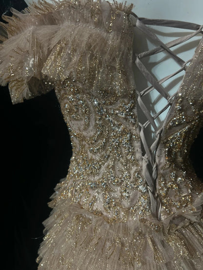 Vintage Prom Dresses A line Spaghetti Strap Gold Lace With Sleeves 80s Evening Formal Dress RB3268