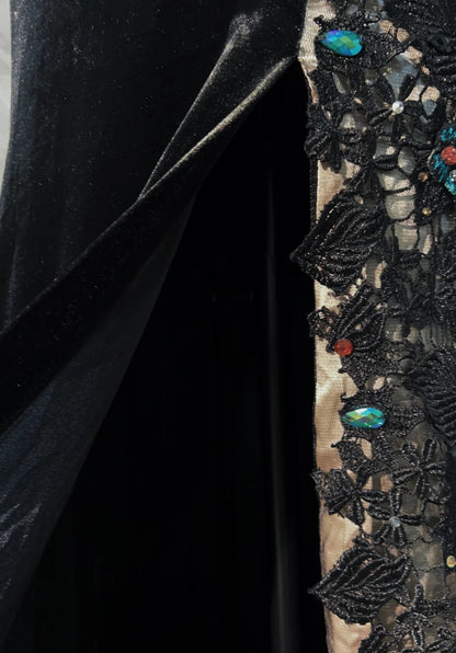 Vintage Prom Dresses Mermaid One Shoulder Black Velvet Sequin With Split Long 70s Formal Gown N2579