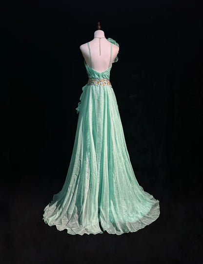 Vintage Prom Dresses A Line One Shoulder Mint Green 70s With Ruffles Chiffon Long Formal Party Dress N2525