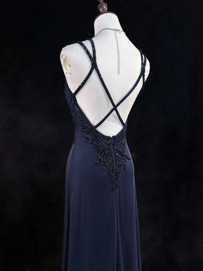 Vintage Prom Dresses 1980s A Line Spaghetti Strap Satin Navy Blue Long With Beading Evening Outfits N3133