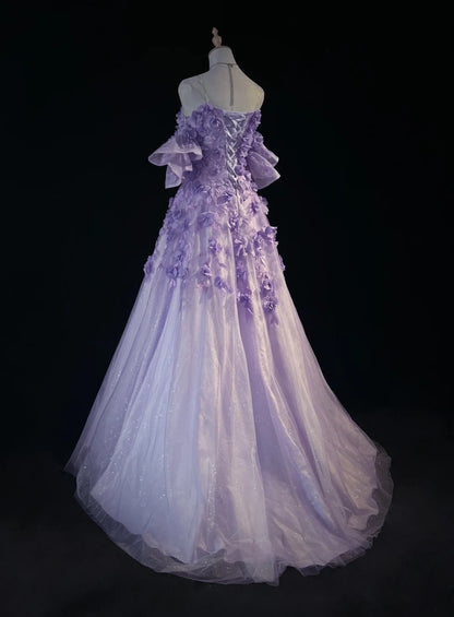 Princess Prom Dresses Ball Gown Off The Shoulder Lilac With 3D Flowers Formal Evening Outfits N3894