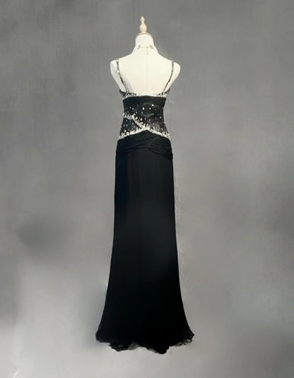 Modest Prom Dresses Mermaid Spaghetti Strap Black Tie Chiffon With Beading Formal Evening Dress N3857