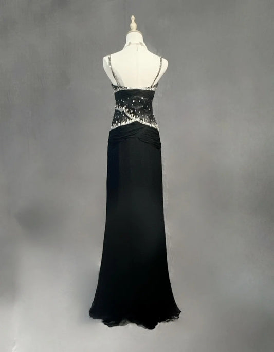 Modest Prom Dresses Mermaid Spaghetti Strap Black Tie Chiffon With Beading Formal Evening Dress N3857