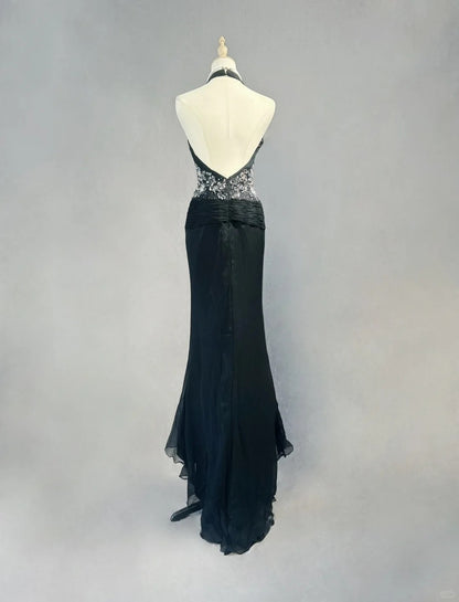 Modest Prom Dresses Mermaid Halter Black Tie Chiffon With Beading Formal Evening Dress N3858