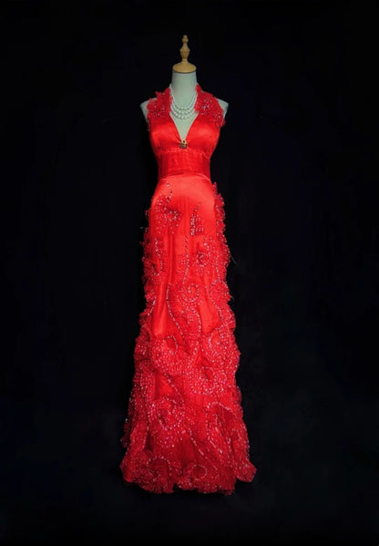 Vintage Prom Dresses 80s Mermaid Halter Red With Ruffle Tiered Floor Length Formal Outfits RB4328