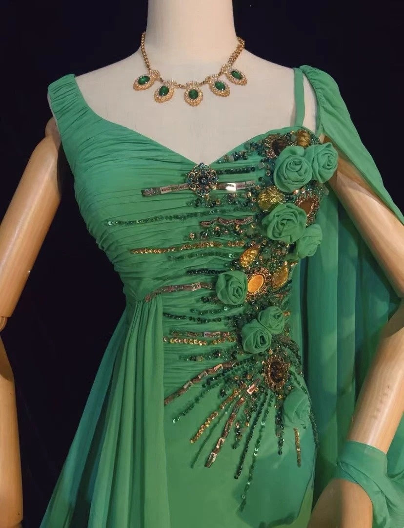 Elegant Prom Dresses Inspo Mermaid Chiffon Green With Flowers Beading For Women Formal Dress N3232