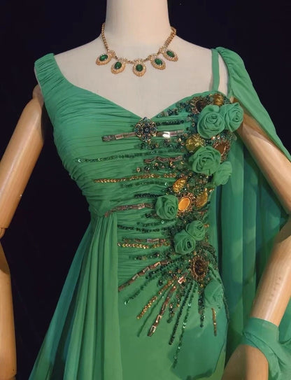 Elegant Prom Dresses Inspo Mermaid Chiffon Green With Flowers Beading For Women Formal Dress N3232
