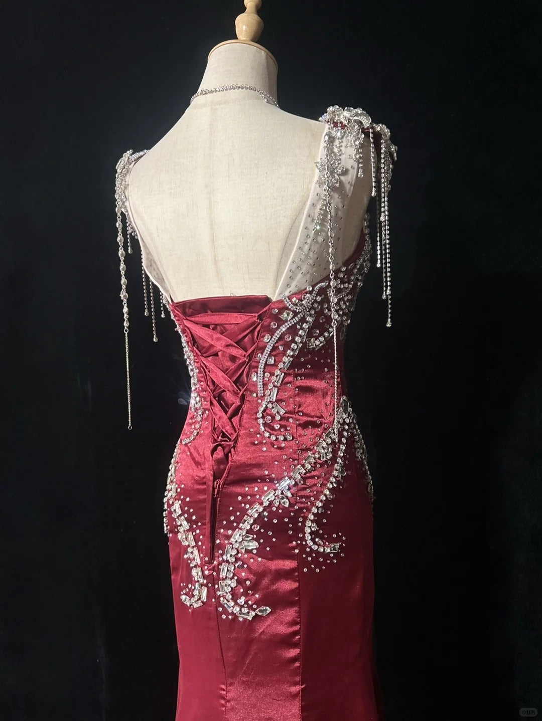 Vintage Prom Dresses 80s Mermaid Straps Burgundy Satin Long With Silver Beading Evening Formal Outfits RB5135