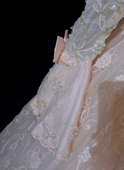 Princess Prom Dresses Ball Gown V Neck Pink Lace With Long Sleeves With Pearls Formal Evening Outfits N3878