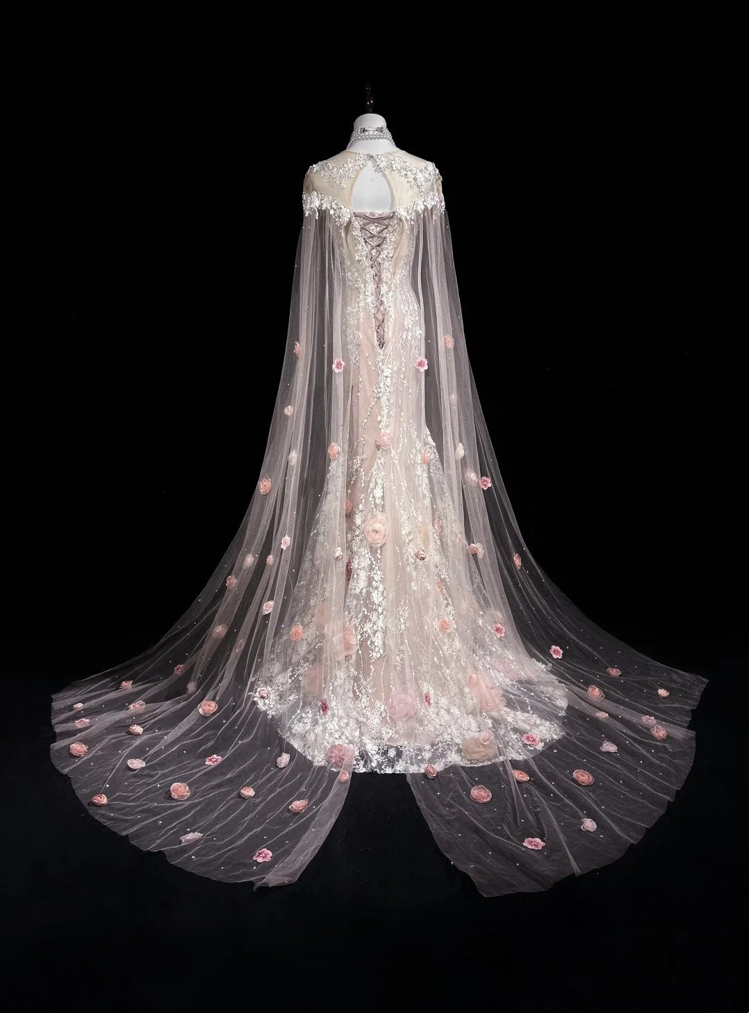 Vintage Prom Dresses Inspo Mermaid Scoop Pink Lace 1990s With Flowers Cape Formal Gowns N3317